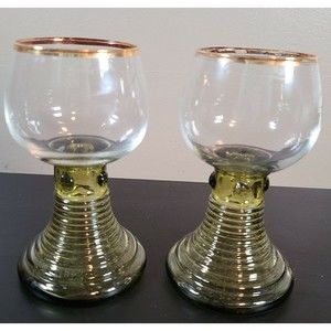 Bohemian Style Glass Goblets Handblown Beehive Base Green Gold Trim
